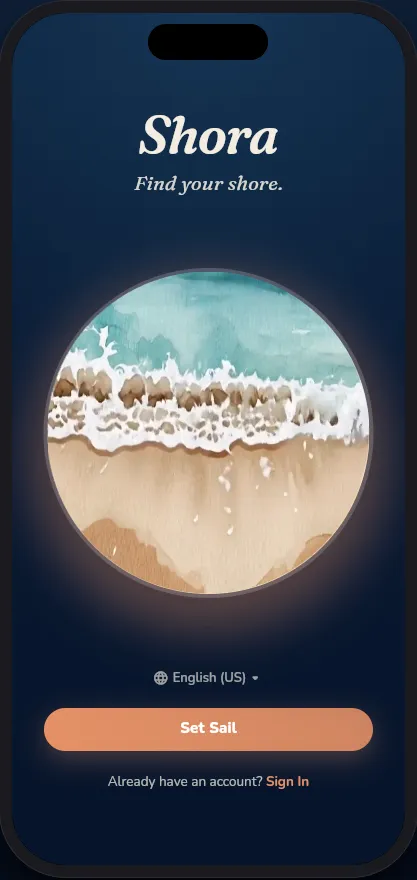 Shora app — Find your shore welcome screen