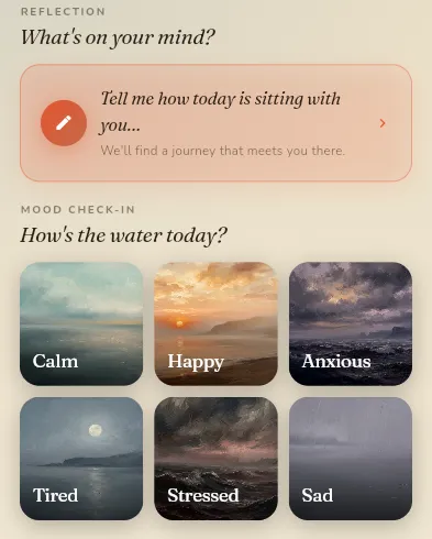 Shora home — check in by mood or write what's on your mind