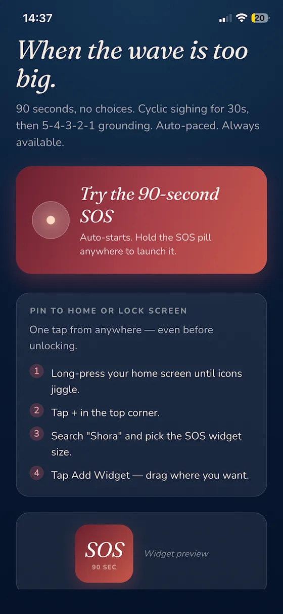 The Shora SOS setup screen, showing the widget install steps and a widget preview