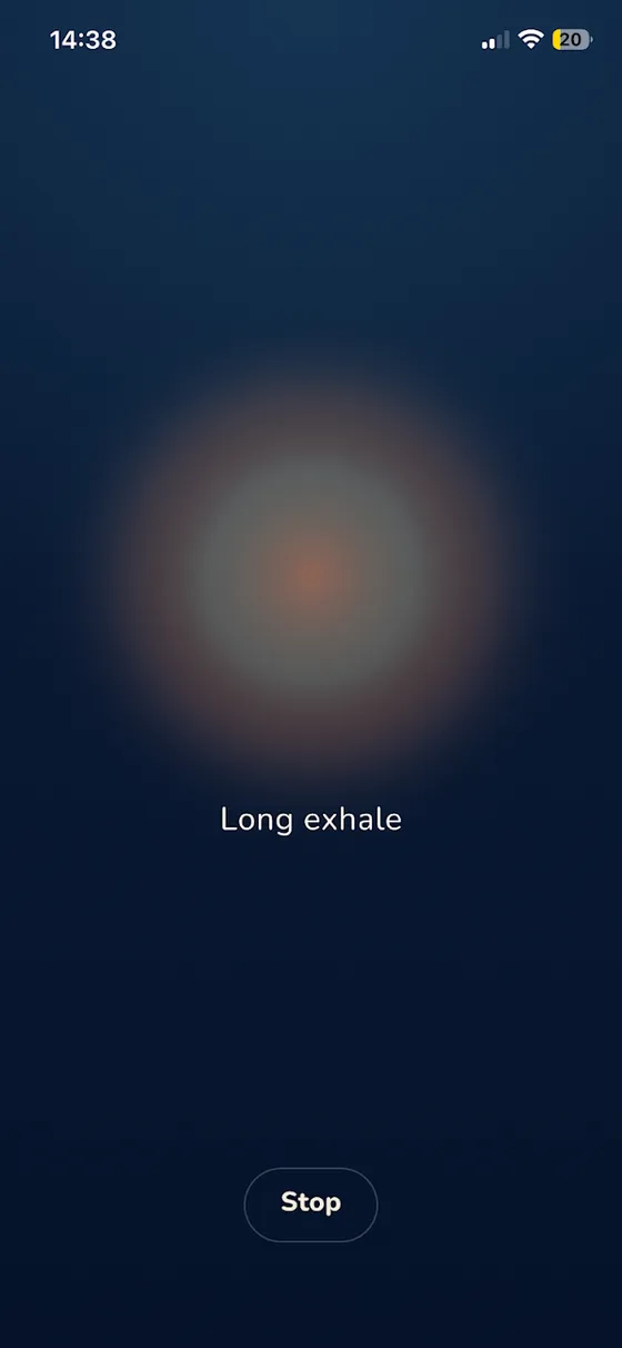 The Shora SOS player, showing a breathing orb and the cue Long exhale