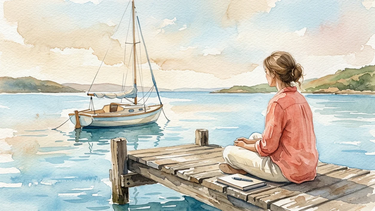 Watercolor of a woman sitting on a wooden dock beside a closed notebook, looking at a small moored sailboat