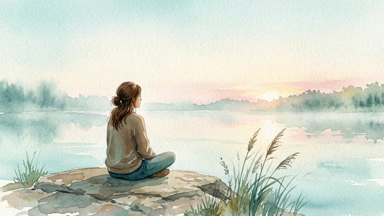 Watercolor of a woman sitting cross-legged on a flat rock at the edge of a misty lake at dawn