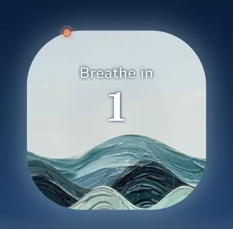 Box breathing in Shora: a dot travels around a rounded square over a painted sea while the screen counts Breathe in, Hold, Breathe out and Hold