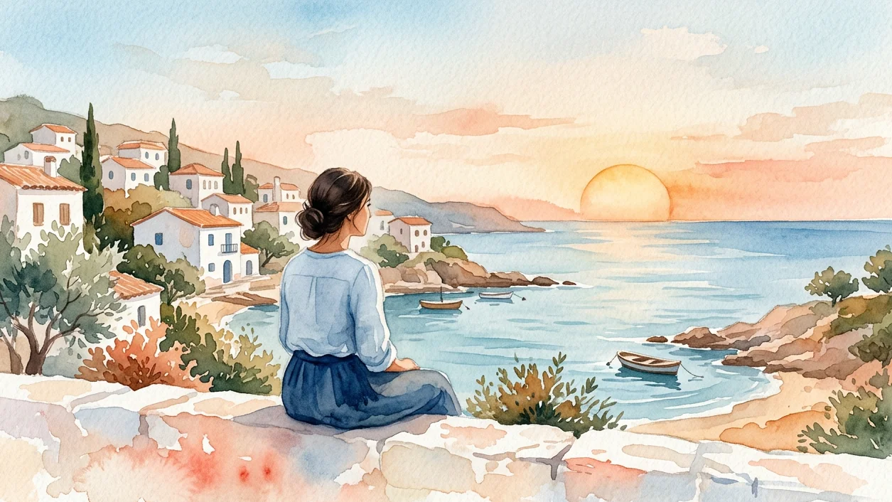 Watercolor of a woman sitting on a whitewashed wall above a Mediterranean cove with white houses and a low sun